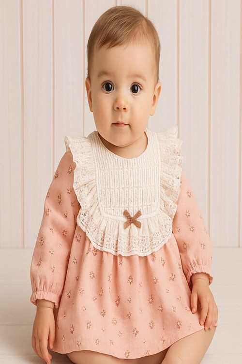 Kız Bebek Dantel Yaka Detaylı Vintage Çiçek Desenli Elbise Mevsimlik Şık Model 3-6-9-12-18-24Ay