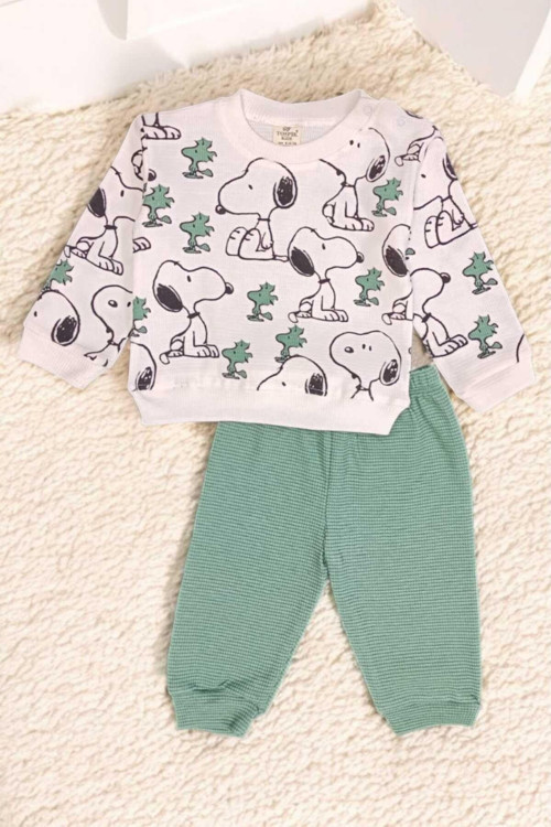 Erkek Bebek Snoopy Baskılı 2Li Alt Üst Takım Mevsimlik Waffle Kumaş 2İplik Şardonsuz 6-9-12-18-24 Ay