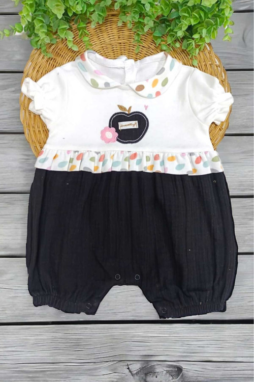 Organik Pamuk Bebe Yaka Elma Nakışlı Altı Müslin Kısa Kollu Kız Bebek Tulum 0-3/3-6/6-9/9-12 Aylık
