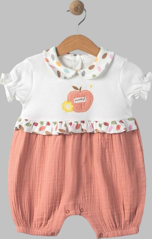 Organik Pamuk Bebe Yaka Elma Nakışlı Altı Müslin Kısa Kollu Kız Bebek Tulum 0-3/3-6/6-9/9-12 Aylık