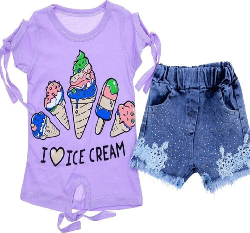 Kız Çocuk I Love Ice Cream Baskılı Tshırt Kot Şortlu Takım