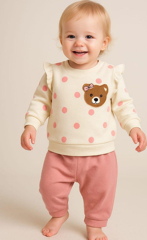 Kız Bebek/Çocuk Puantiyeli Punch Ayıcık Omuzu Çıtçıtlı Bebek Takımı 2Li Altüst Mevsimlik 3-6-9-12Ay