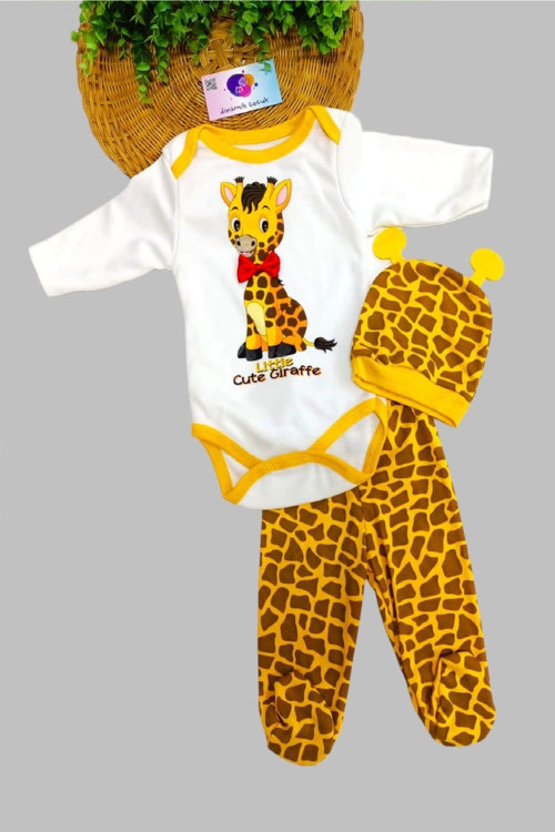 Unisex Bebek Sarı Zürafa Zıbın Takımı 3 Lü