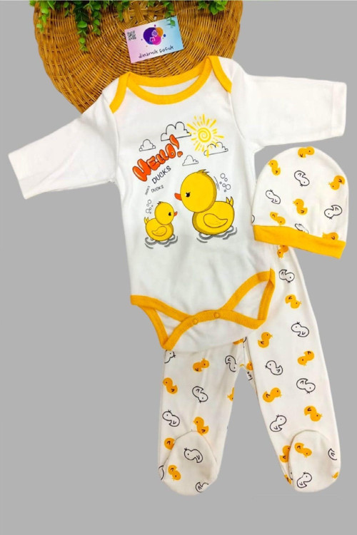 Unisex Bebek Sarı Ördek 3 Lü Zıbın Takımı