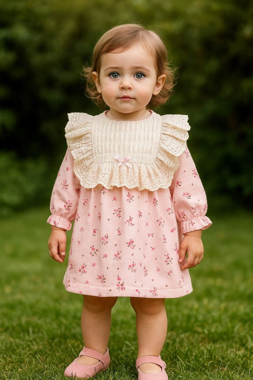 Kız Bebek Dantel Yaka Detaylı Vintage Çiçek Desenli Elbise Mevsimlik Şık Model 3-6-9-12-18-24Ay