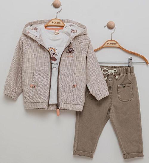 Erkek Bebek Kapüşonlu 3'lü Takım 6-18 Ay Kahve