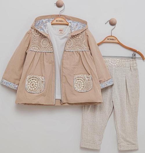 Kız Bebek 3'lü Kapüşonlu Takım 6-18 Ay Bej