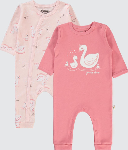 Kız Bebek 2'li Patiksiz Tulum 3-9 Ay Gül