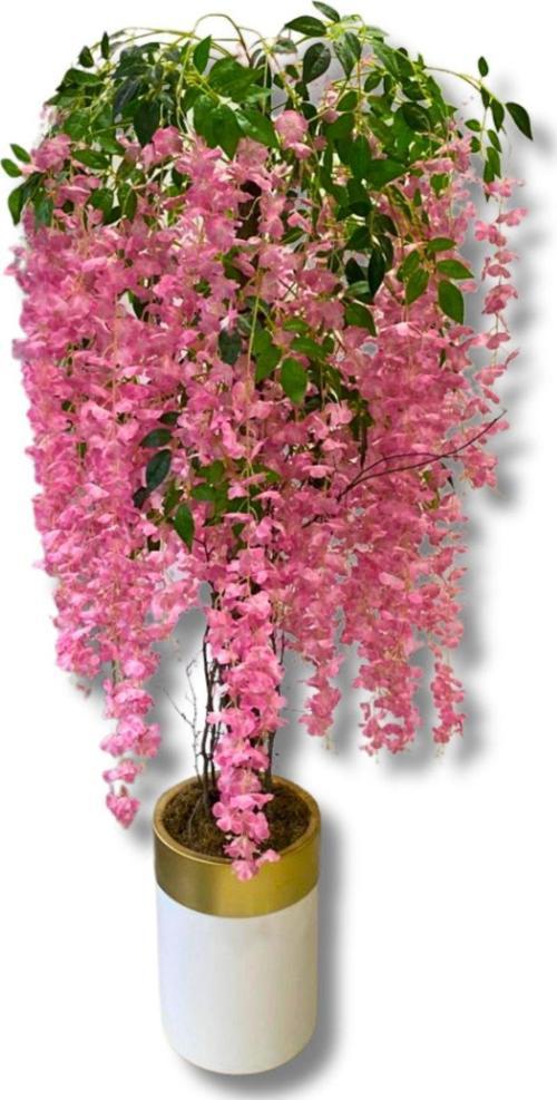 Pembe Akasya 175 Cm Yapay Ağaç 30X30 Gold Kemerli Saksı
