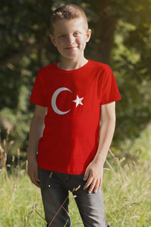 Ünisex Çocuk Bisiklet Yaka Türk Bayrak Baskılı Kısa Kollu Tişört