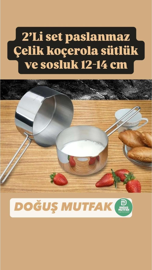 2 Li Set Paslanmaz Çelik Kaçerola Sütlük Ve Sosluk 12-14 Cm