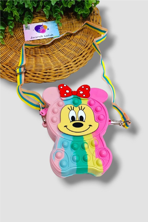 Minnie Mouse Baskılı Slikon Popit Para Çanta Omuzdan Kumaş Askılı Kız Çocuk