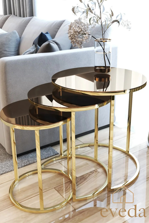 3'lü Yuvarlak C Zigon Sehpa Gold Renk Metal Ayak