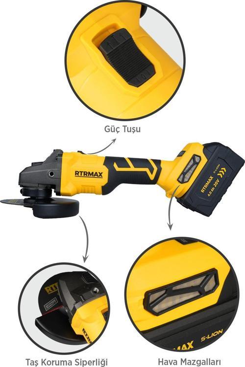 RTS5050 Şarjlı Avuç Taşlama Makinası Kömürsüz 125mm 8.500 Rpm 2x4 Ah 20V Çift Akü S-Lion - Akü Dahil