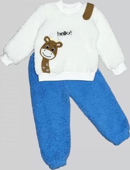 1-2-3 Yaş Hello Zürafa Nakışlı Kuzu Kumaş Sweat Pantolon Uzun Kollu Kız Erkek 2 Li Takımı Saks Mavis