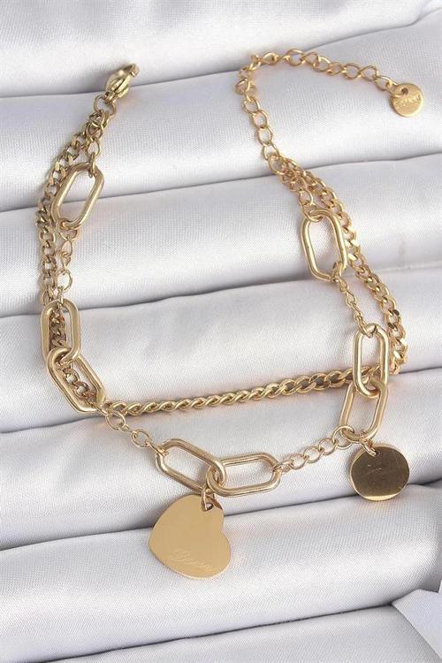 316L Çelik Gold Renk 2'Li Zincir Model Sallantı Kalp Figür Kadın Bileklik