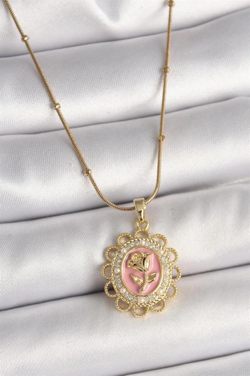 316L Çelik Gold Renk Topçuk Zincir Zirkon Taş Detaylı Pembe Gül İşlemeli Portre Model Kadın Kolye