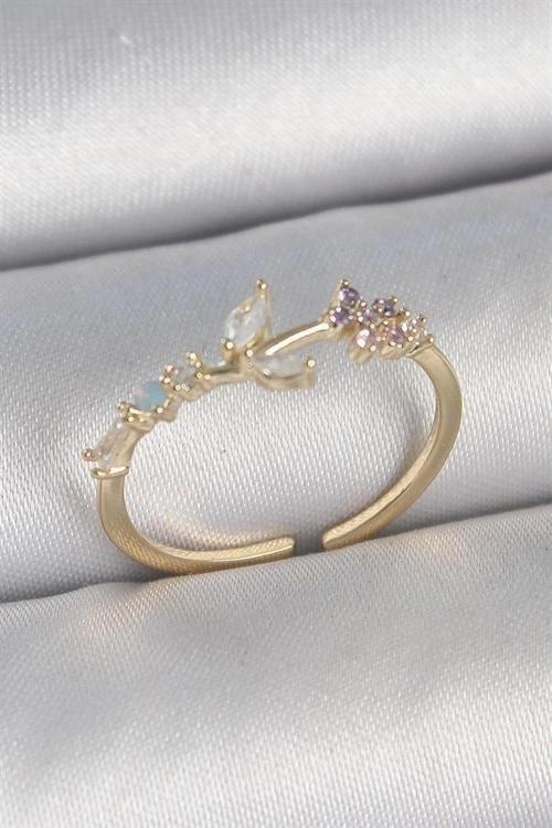 Pirinç Gold Renk Zirkon Taşlı Çiçek Model Ayarlanabilir Kadın Yüzük