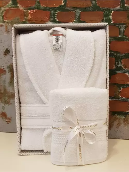 Trendy Şalyaka Bornoz + Baş Havlusu Beyaz L  Beden