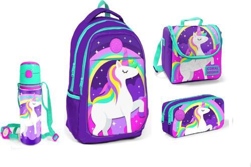 Lacivert Unicorn Desenli Beslenme Okul Çantası Kalemlik + Matara