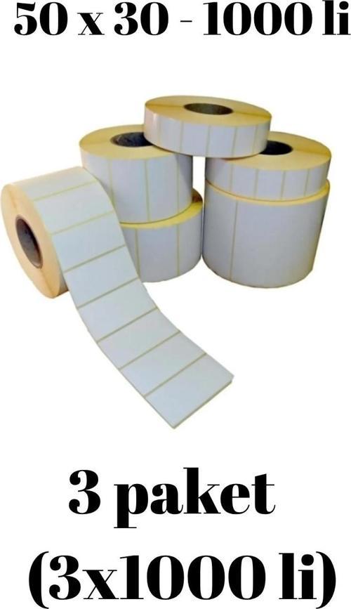 -3 Paket- Eko Termal Barkod Rulo Etiket (40lık Kuka) 50x30mm (1000 Li)