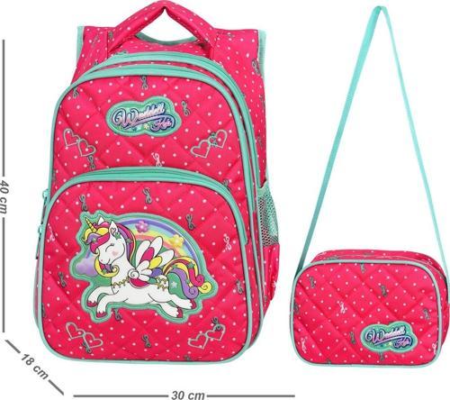 Fuşya Unicorn Desenli İlkokul Çantası Beslenme Çantalı 24005