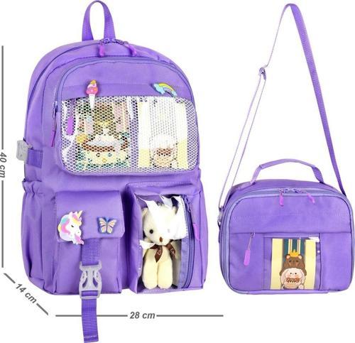 Kawaii Kore Tarzı Aksesuarlı İlkokul Sırt ve Beslenme Çantası Lila 25002