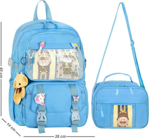 Kawaii Kore Tarzı Aksesuarlı İlkokul Sırt ve Beslenme Çantası Mavi 25001
