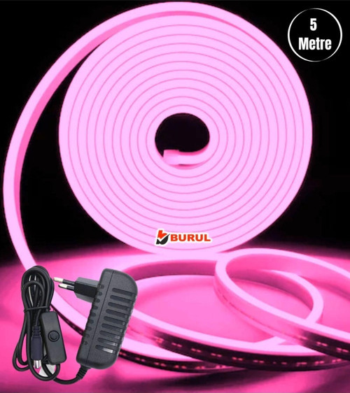 5 Metre Pembe Işık Esnek Neon Led Şerit Butonlu Dekoratif Aydınlatma Seti Sb-6535