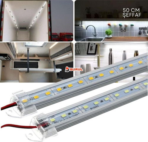 2 Adet Alüminyum Kasalı 5630 Bar Led 12 Volt Beyaz 50 Cm Şeffaf Karavan Tekne Otomobil Sb-6551