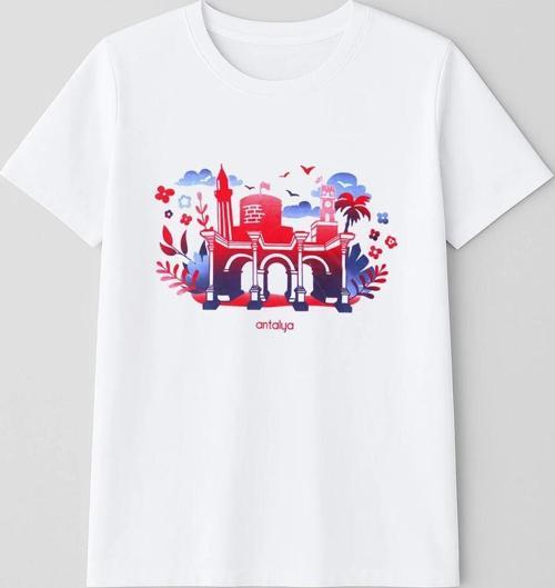 Kadın %100 Pamuk Antalya Baskılı Beyaz T-Shirt