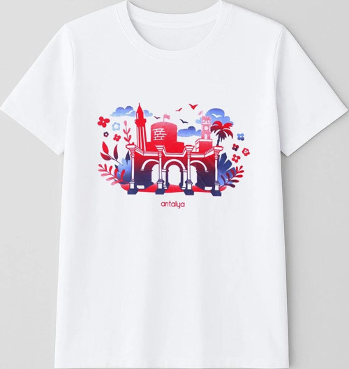 Kadın %100 Pamuk Antalya Baskılı Beyaz T-Shirt