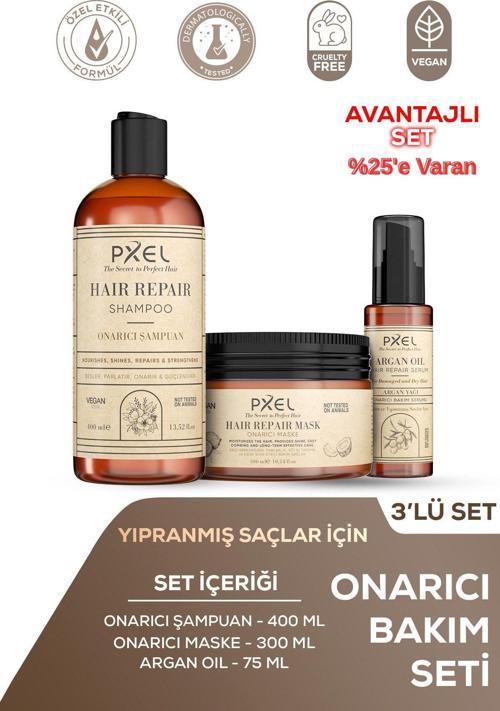 Onarıcı Şampuan – Maske – Argan Serum 3’lü Set | Yıpranmış ve Kuru Saçlar İçin Yoğun Bakım | 400 ML, 300 ML, 75 ML