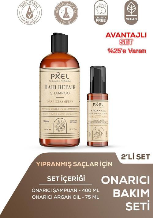Onarıcı Şampuan – Argan Serum 2’li Set | Yıpranmış ve Kuru Saçlar İçin Yoğun Bakım | 400 ML, 75 ML