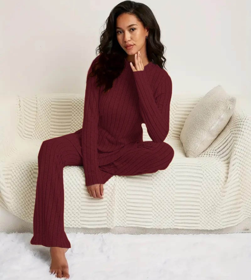 Kadın Uzun Kollu Yuvarlak Yaka Yandan Yırtmaç Detaylı şardonlu Kaşkorse Bluz Ve Pantolon Ikili Takım