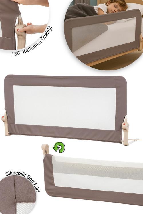 Premium 150x65 cm Deri Kılıflı Yatak Bariyeri, Katlanır Yatak Korkuluğu, Kahve