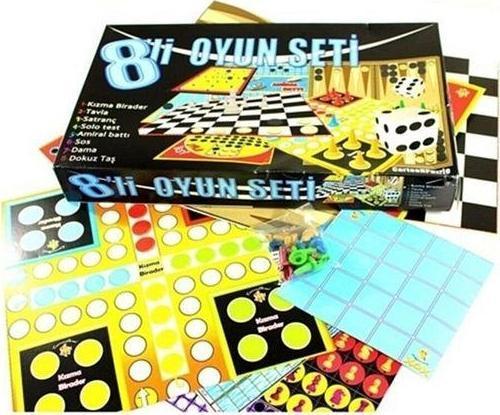 8'li Kutu Oyunu Seti - Kızma Birader, Tavla, Solo Test, Amiral Battı, Dama, Dokuz Taş, Satranç, Sos
