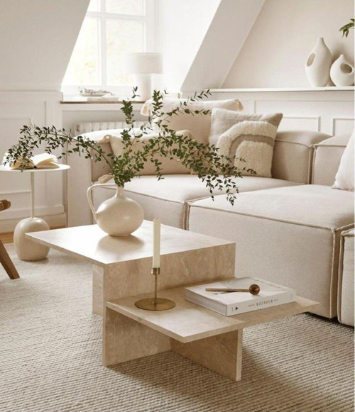 Eriza Magazin, Modern Yeni Nesil Traverten Desenli Orta Sehpa, Krem