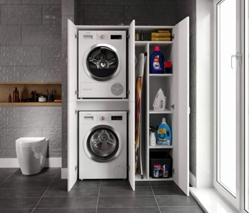 Eriza Çamaşır Ve Kurutma Makinesi Dolabı, Ütü Masası Ve Temizlik Kovası Bölmeli Çok Amaçlı Banyo Dolabı