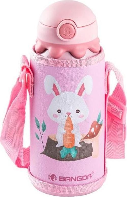BANGDA PEMBE PASLANMAZ ÇELİK TAVŞAN DESENLİ ÇANTALI ÇOCUK TERMOSU 600ML