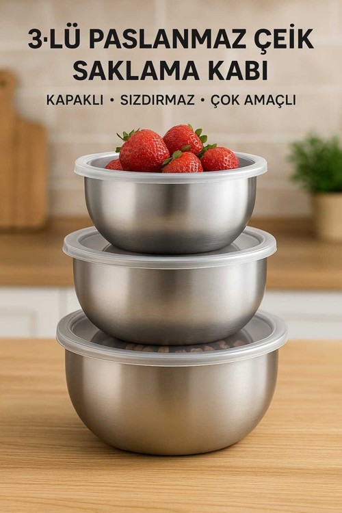 3'Lü Çelik Saklama Kabı (12-14-16 Cm) 6 Parça