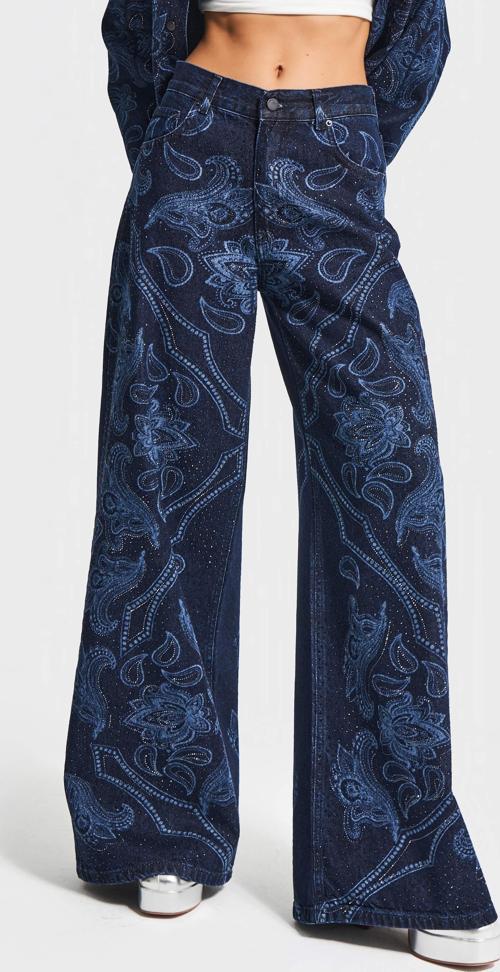 Kadın Koyu Mavi Renk 9w5-5 Palazzo Fit Parlak Taş Desenli Özel Tasarım Denim Jean