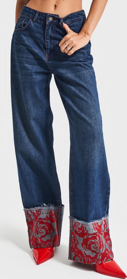 Kadın Koyu Kot Rengi 2w5-10 Straight Fit %100 Koton Paça Kırmızı Nakış Desenli Özel Tasarım Denim Jean