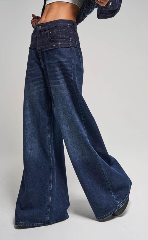 Kadın Koyu Kot Rengi 2w5-7 Palazzo Fit Çift Parça Kumaş Özel Tasarım Denim Jean
