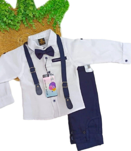 Erkek Çocuk Uzun Kollu Beyaz Gömlekli Papyonlu Askılı Pantolonlu 4Lü Takım