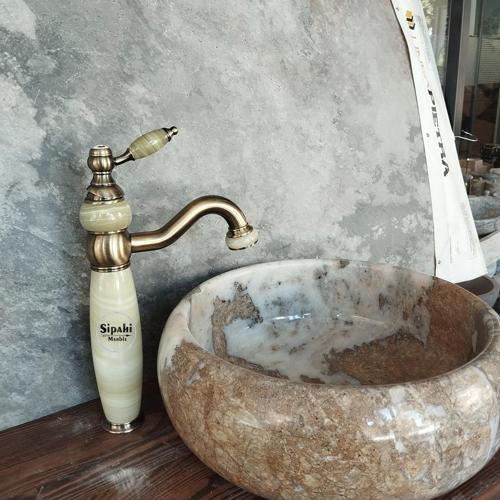   Antik Onyx Detaylı Uzun Çanak Lavabo Bataryası