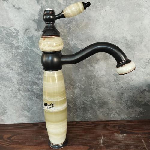  Siyah Onyx Detaylı Uzun Çanak Lavabo Bataryası