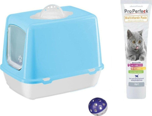 Mavi Kapalı Kedi Tuvaleti, Koku Filtresi, Kürek 50x40x36 Cm Properfeck Multivitamin 100gr Zilli Top