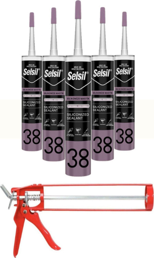 Silikonize Beyaz Mastik 500 Gr. 5 Adet + Demir Silikon Tabancası