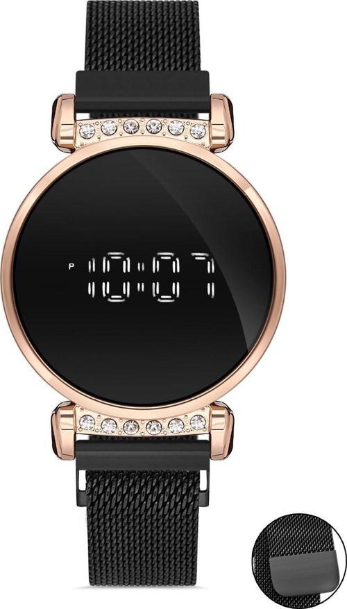 Siyah Rose Gold Kadın Hasır Kordon Dijital Kol Saati Dsg14ac1